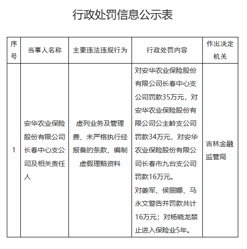 安华农险三家支公司因虚列业务等被罚85万元，一负责人被禁业5年