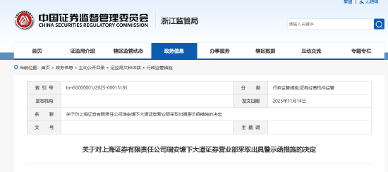 六张罚单直指上海证券！公司及营业部被出具警示函 四名员工被约谈