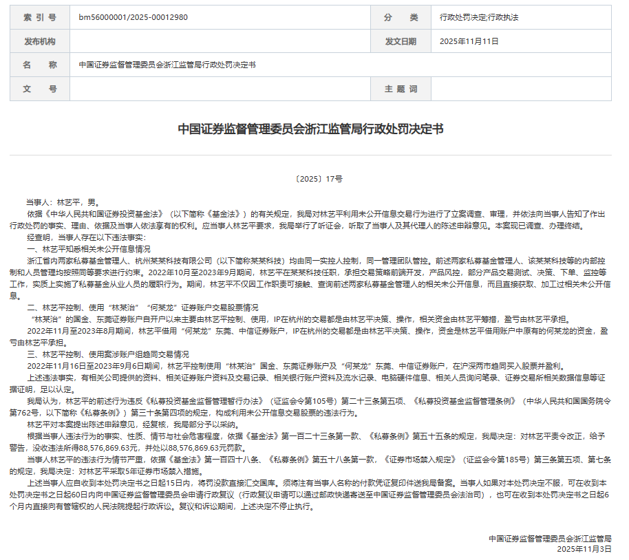 抄浙江某私募作业，获利超8800万元！“内鬼”林艺平被重罚1.77亿元