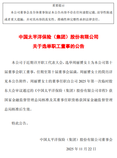 中国太保：选举周丽贇为第十届董事会职工董事