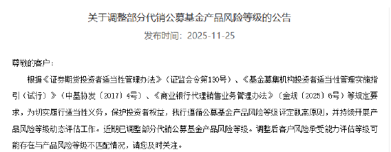 建设银行：上调代销公募基金产品风险等级 涉及87只产品