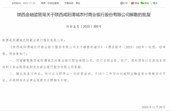 咸阳两家农商行正式解散，全部业务由咸阳农商行承接