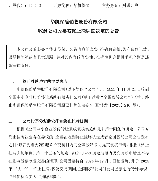 华凯保险将从新三板摘牌