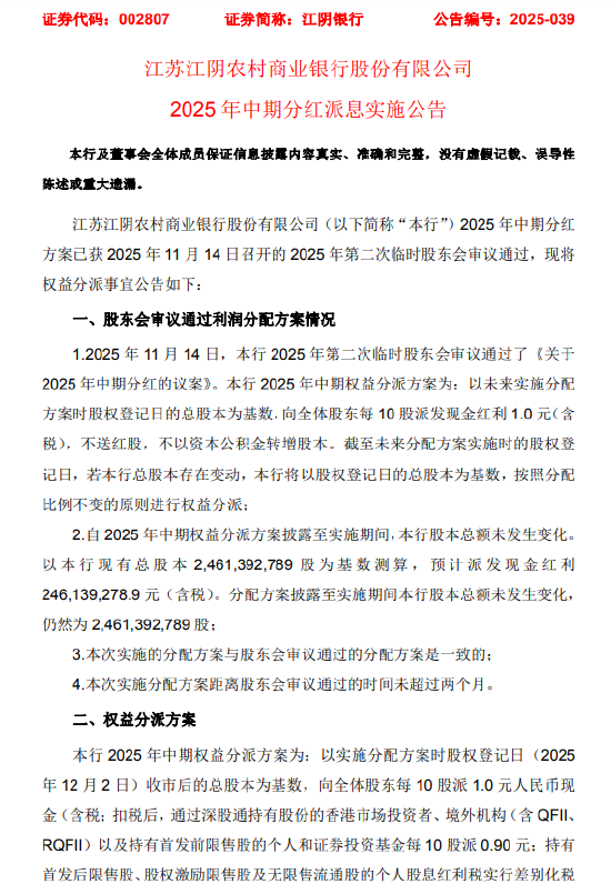 江阴银行公布2025年中期权益分派方案：每10股派发现金红利1元