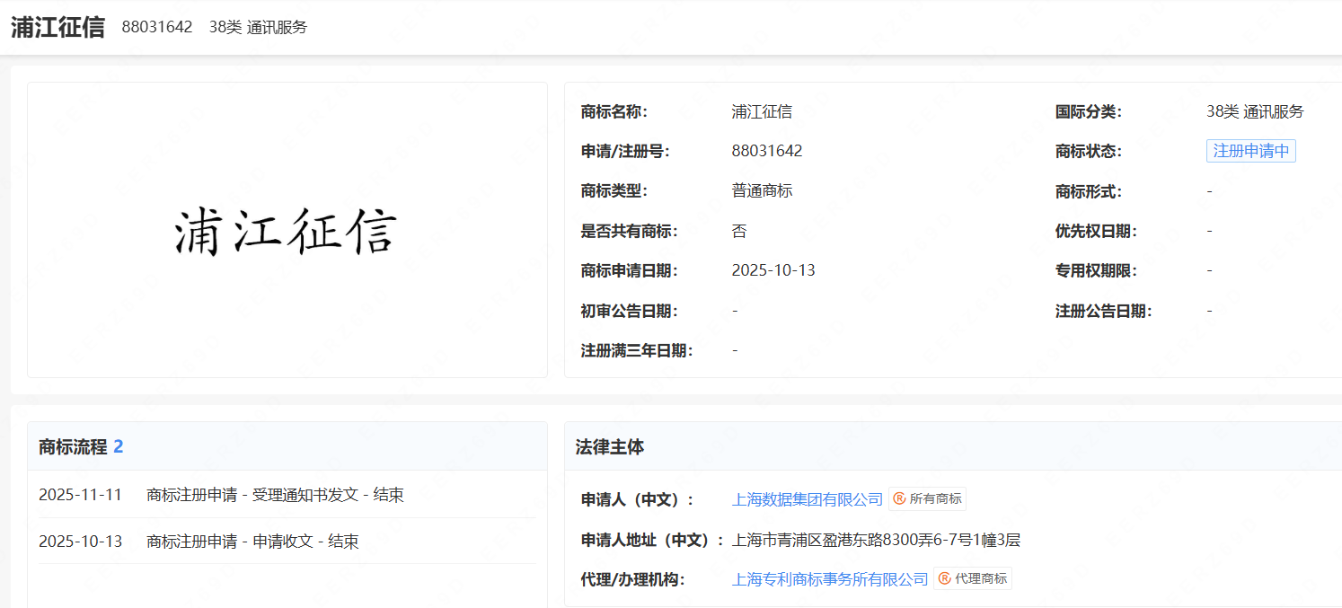 第四张个人征信牌照进程加速！上海数据集团申请注册浦江征信商标