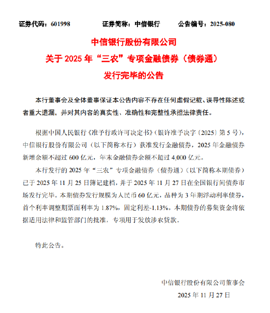 中信银行：60亿“三农”专项金融债券（债券通）发行完毕