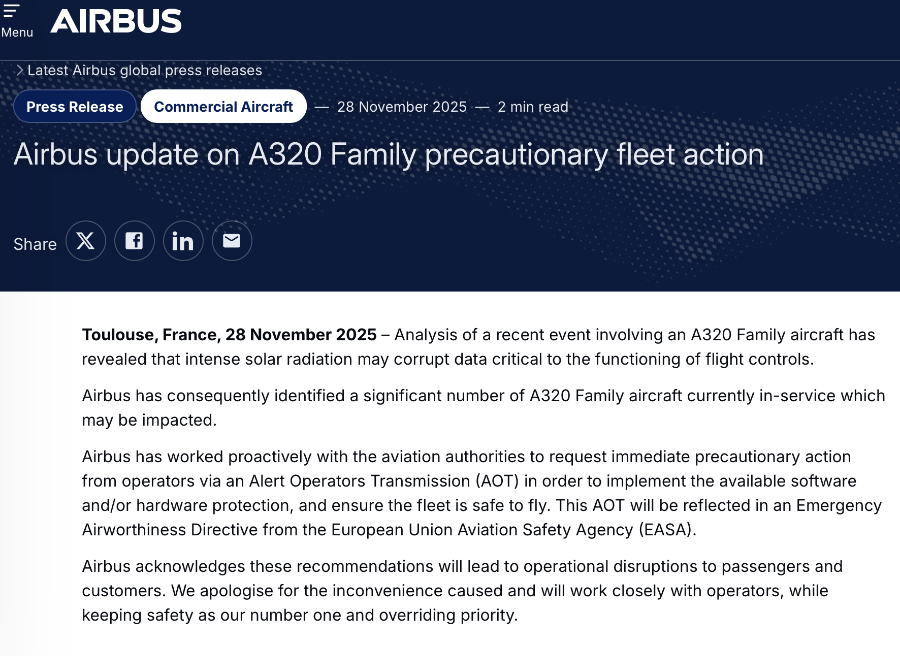 6000架飞机要召回？空客回应：只需本地软件调整即可