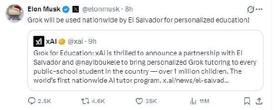 马斯克宣布xAI将在萨尔瓦多推出全球首个全国性AI教育项目-313啦实用网