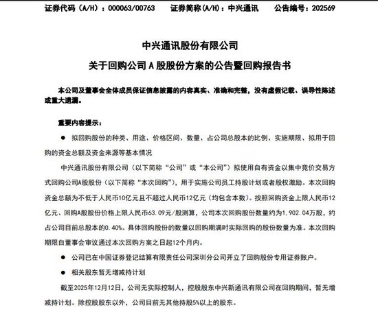 中兴通讯最新公告:拟回购公司A股股份10亿元~12亿元-313啦实用网