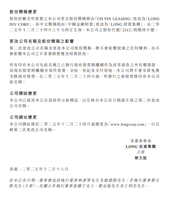 中国金融租赁:拟更名为“Long 投资集团”