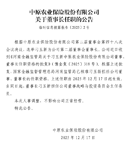 中原农险:刁玉新获准担任公司董事、董事长-313啦实用网