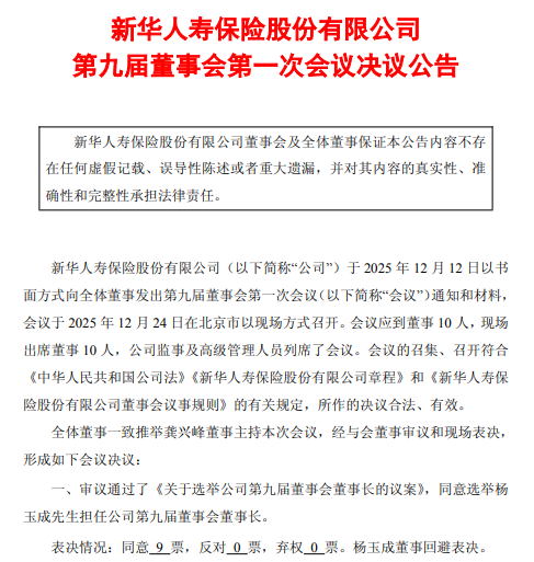 新华保险：选举杨玉成为董事长-313啦实用网