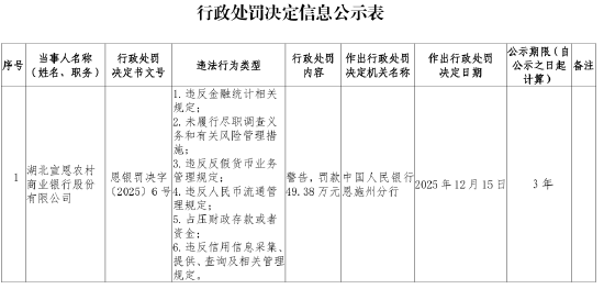 湖北宣恩农村商业银行被罚49.38万元：违反金融统计相关规定等-313啦实用网