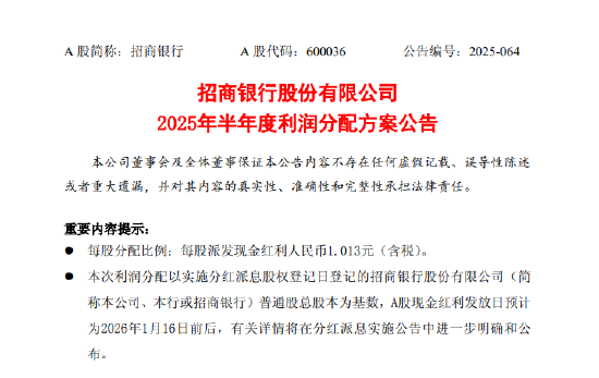 招商银行：2025年半年度拟派发现金红利每股1.013元-313啦实用网