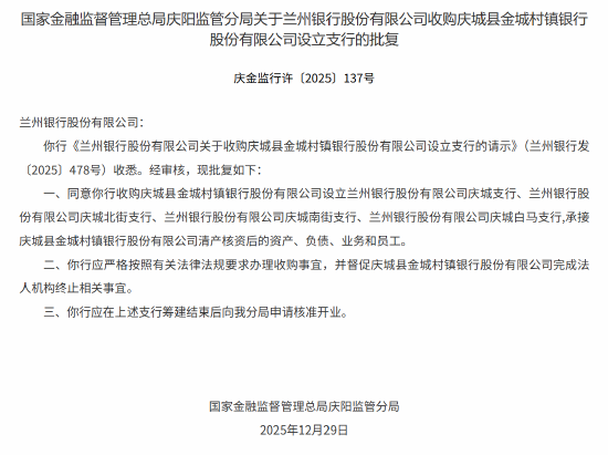 兰州银行获批收购庆城县金城村镇银行并设立分支机构-313啦实用网