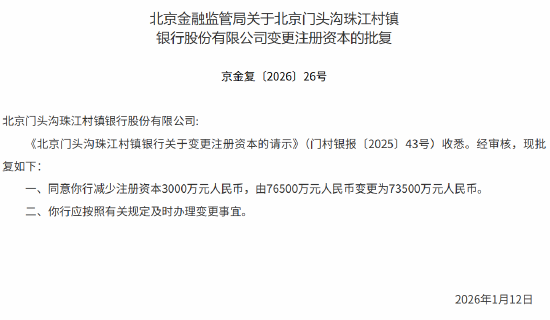 北京门头沟珠江村镇银行获批减少注册资本3000万元人民币-313啦实用网