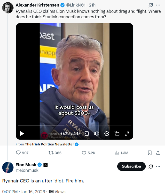 被骂是“有钱的白痴”，马斯克威胁收购瑞安航空并撤换其CEO-313啦实用网