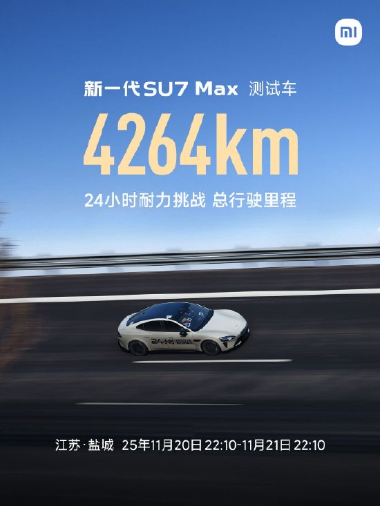 小米汽车：新一代SU7 Max 24小时耐力挑战成绩为4264km-313啦实用网