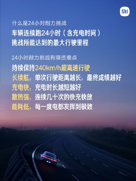 小米汽车：新一代SU7 Max 24小时耐力挑战成绩为4264km