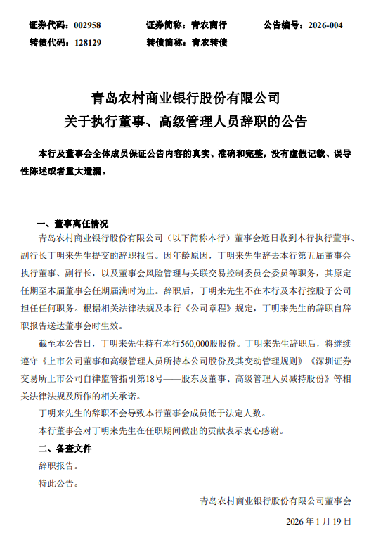 青农商行：因年龄原因，执行董事、副行长丁明来辞职-313啦实用网