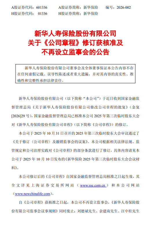 新华保险：公司章程修订获核准，不再设立监事会-313啦实用网