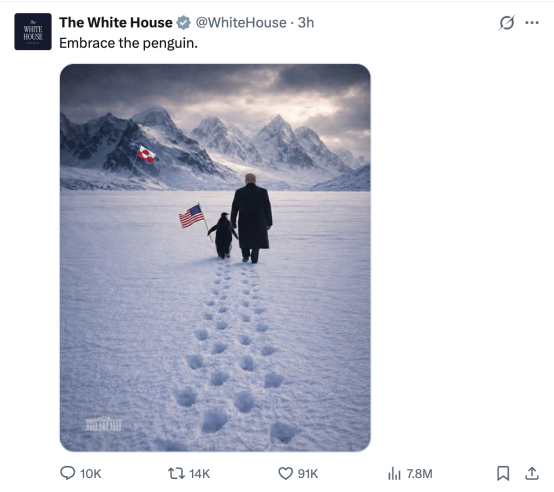 白宫发特朗普在格陵兰岛牵企鹅AI图,网友“惊呆”:格陵兰岛没有企鹅啊……-313啦实用网