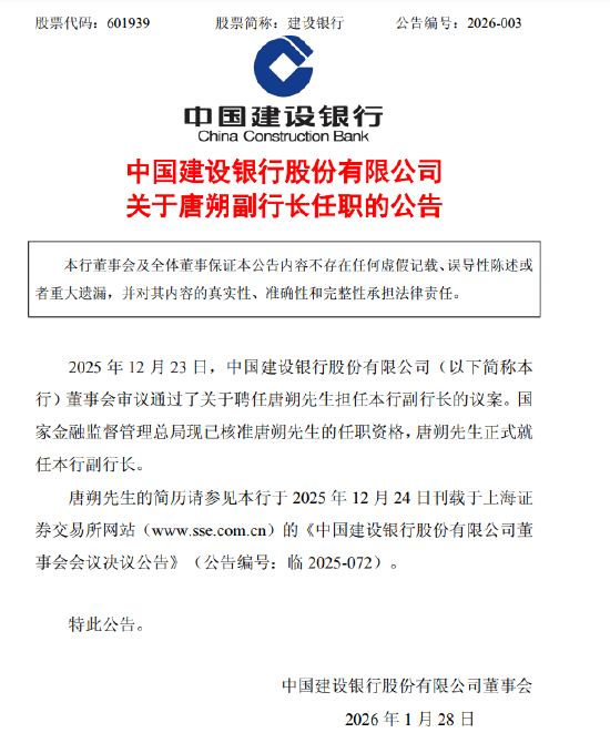 建设银行：唐朔正式就任副行长-313啦实用网