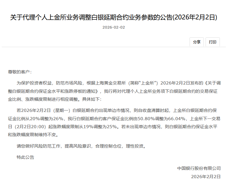 中国银行：代理个人上金所业务调整白银延期合约业务参数-313啦实用网