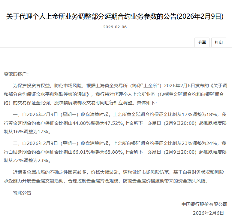 中国银行：2月9日起黄金延期合约客户保证金比例由44.88%调整为47.52%-313啦实用网