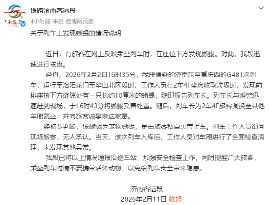 高铁座椅下突然钻出一只蜥蜴，官方回应