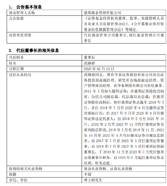 德邦基金换帅！左畅因工作调整离任董事长 德邦证券总经理武晓春代职-313啦实用网
