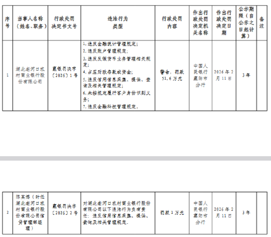 湖北老河口农村商业银行被罚51.6万元：违反金融统计管理规定等-313啦实用网