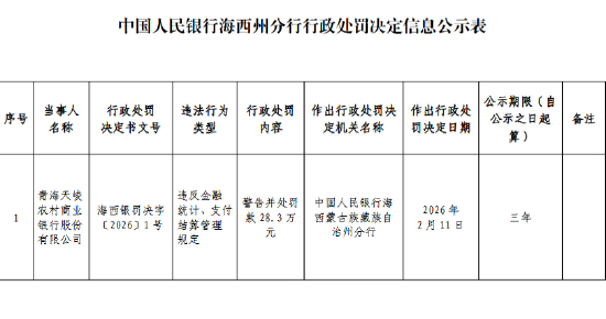 青海天峻农村商业银行被罚28.3万元：违反金融统计、支付结算管理规定-313啦实用网
