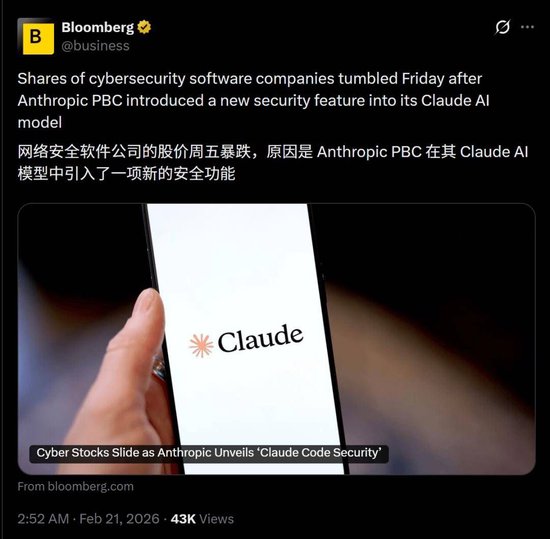 一夜变天?Claude出手,网络安全股集体“血洗”!全球百亿市值已蒸发