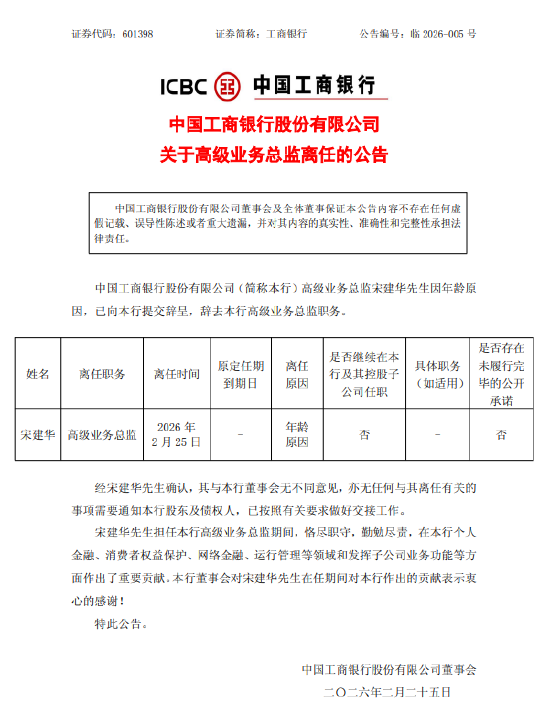 工商银行：宋建华辞任高级业务总监-313啦实用网