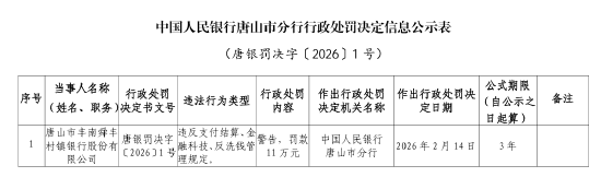唐山市丰南舜丰村镇银行被罚11万元:违反支付结算、金融科技、反洗钱管理规定-313啦实用网