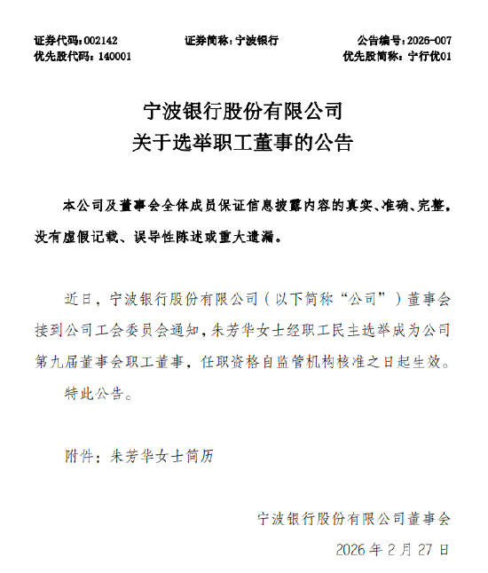 宁波银行：选举朱芳华担任职工董事-313啦实用网