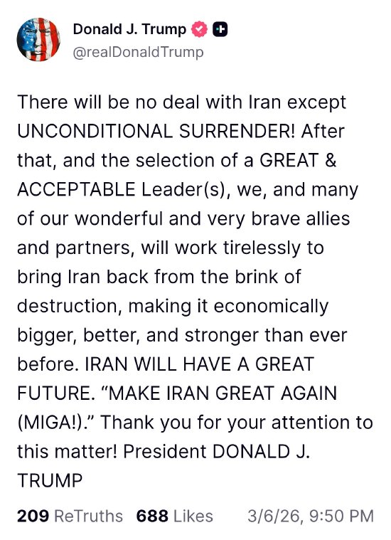 特朗普希望伊朗“无条件投降” 排除达成协议可能性-313啦实用网