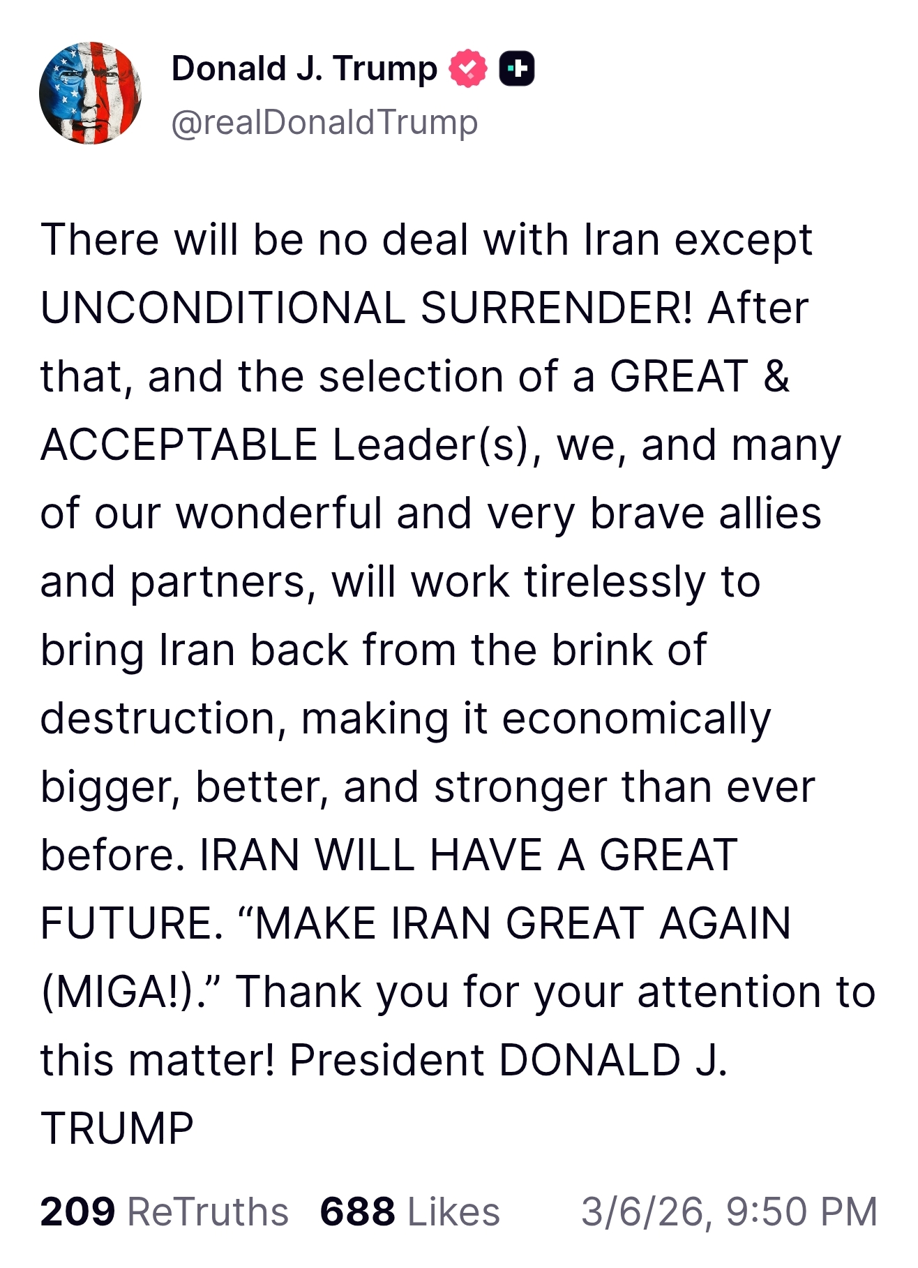 战事持续一周之际 特朗普要求伊朗“无条件投降”-313啦实用网