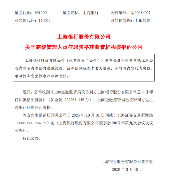 上海银行:刘方总审计师任职资格获监管机构核准-313啦实用网