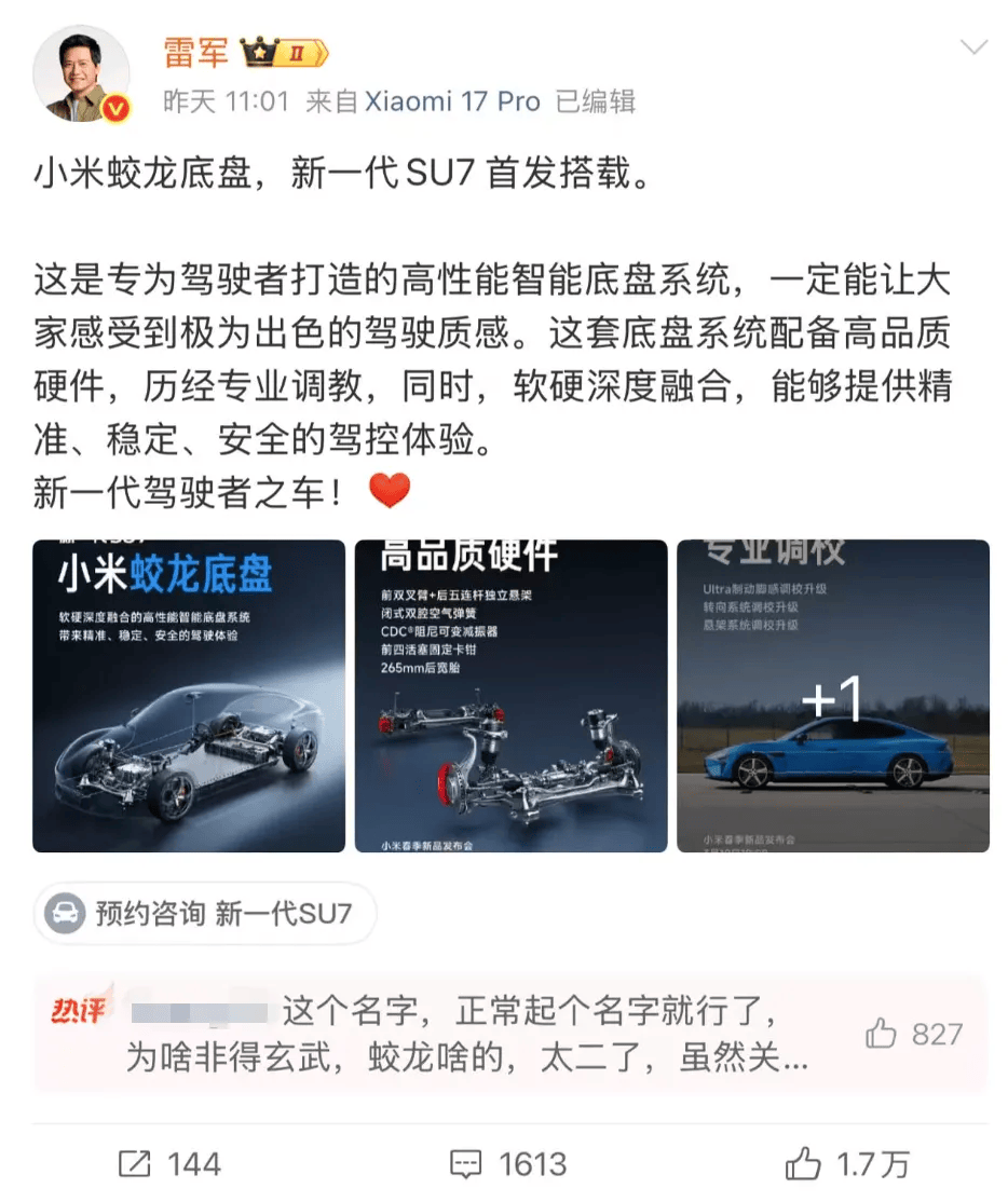 小米“蛟龙底盘”命名引争议，此前已注册“小米龙骨、小米龙鳞”等多个龙字商标\n-313啦实用网