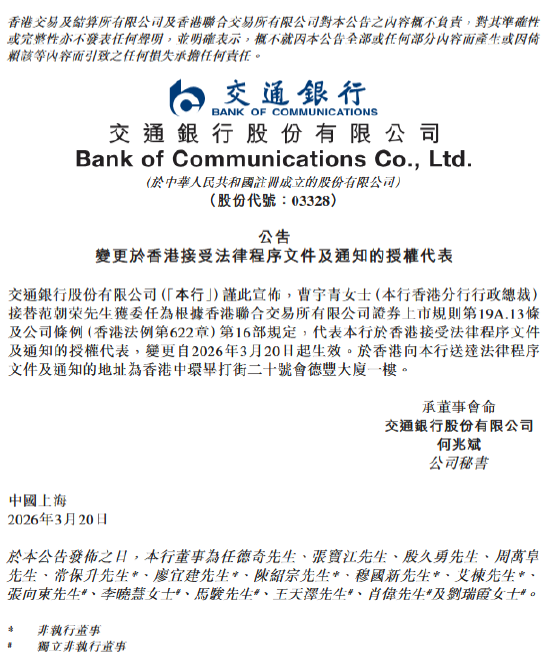 交通银行：香港分行行政总裁曹宇青获委任为授权代表-313啦实用网