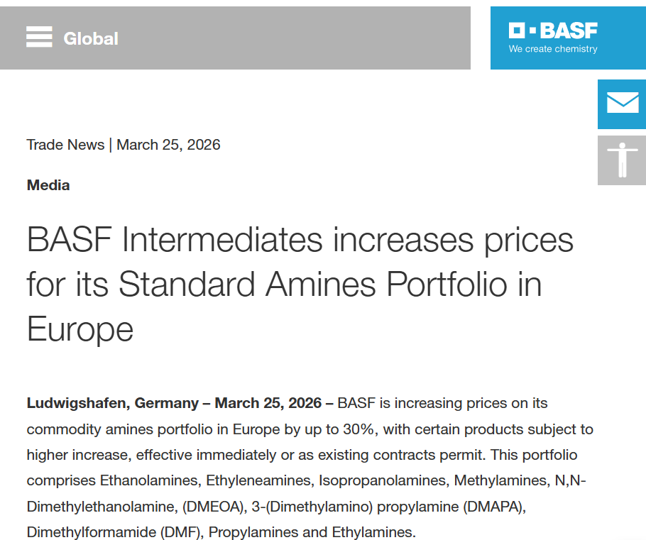 化工巨头巴斯夫发布第五份涨价公告,基础胺类涨幅可达30%-313啦实用网