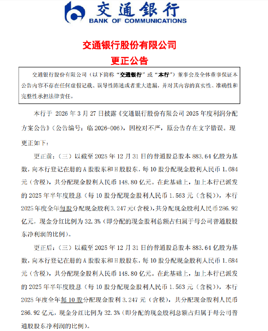 交通银行就利润分配方案公告存在文字错误致歉-313啦实用网
