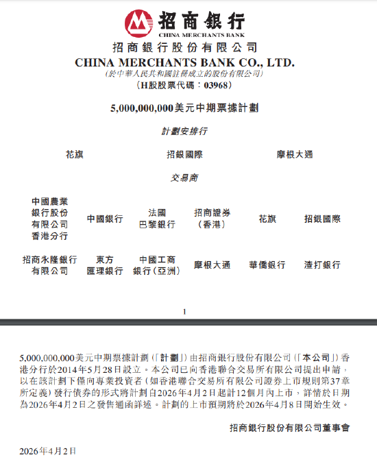 招商银行：50亿美元中期票据计划申请在港交所上市-313啦实用网