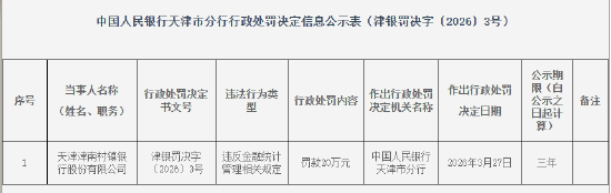 天津津南村镇银行被罚20万元：违反金融统计管理相关规定-313啦实用网