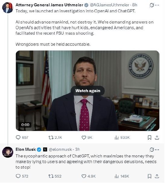 美国佛州总检察长宣布调查OpenAI，马斯克回应-313啦实用网