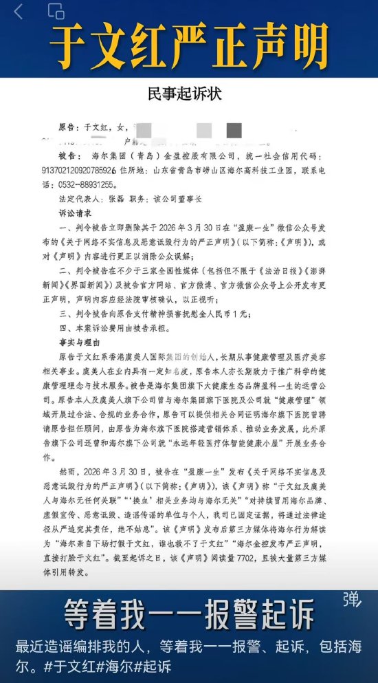 于文红起诉海尔金控：造谣编排我的人，等着我一一起诉-313啦实用网