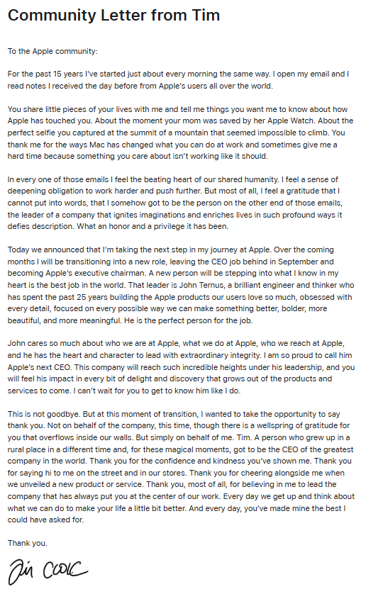 苹果官宣 CEO 交接 蒂姆・库克发布致全球苹果用户公开信-313啦实用网